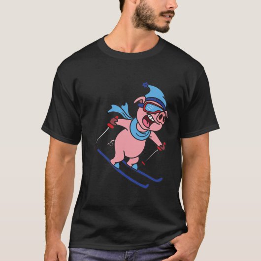 面白い豚のスキーデザインギフト 冬の休日 Tシャツ (正面)