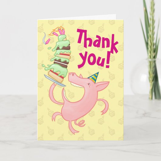 面白い豚の誕生日ケーキを食べるありがとう!漫画 サンキューカード (正面)