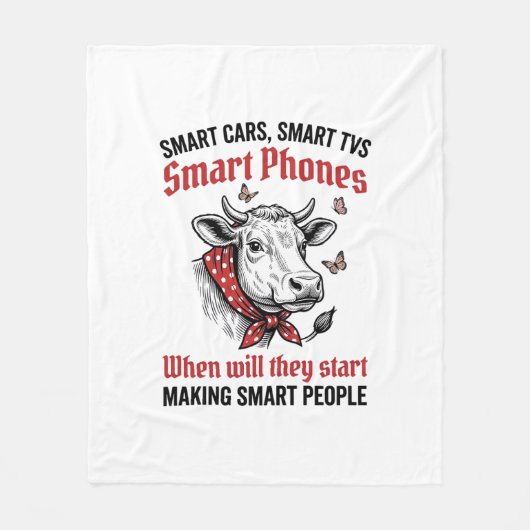 面白い賢い人々 牛 ビンテージ彫刻Tシャツ D フリースブランケット (正面)