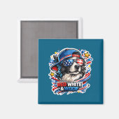 面白い赤と白とワォのボーダーコリー マグネット (正面/裏面)