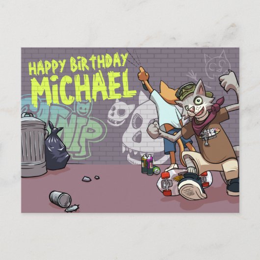 面白い路地の猫たちが名前の落書き誕生日を追加 ポストカード (正面)