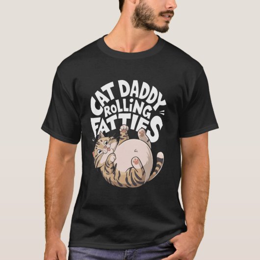 面白い転がる太った猫パパデザイン Tシャツ (正面)