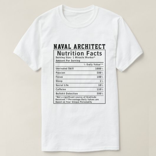 面白い造船技術者の栄養成分表示 上司へのギフト Tシャツ (デザイン正面)