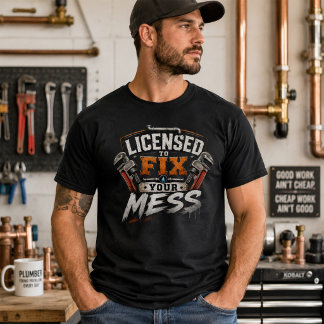 面白い配管工シャツ メスを直す許可証 Tシャツ