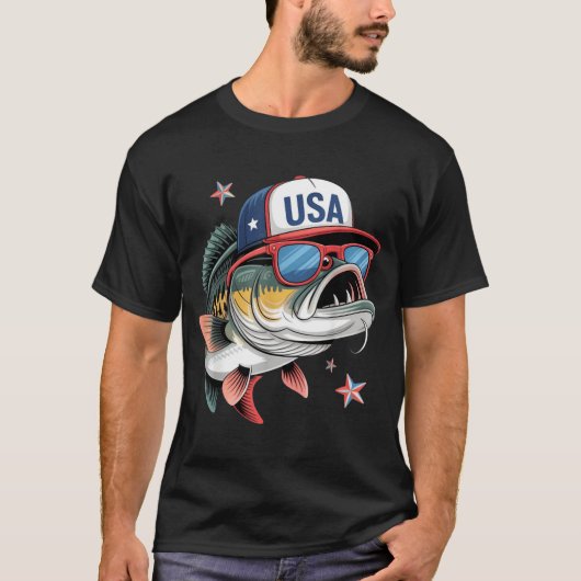 面白い釣り&フィッシャーマンギフト アメリカ国旗 Tシャツ (正面)