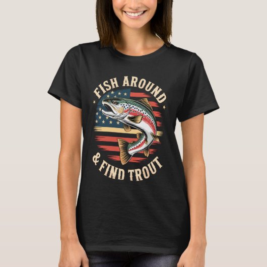 面白い釣り 魚探し ニジマス アメリカ国旗 Tシャツ (正面)