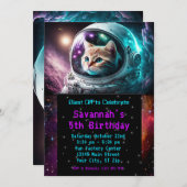 面白い銀河宇宙猫宇宙飛行士誕生日パーティー 招待状 (正面/裏面)
