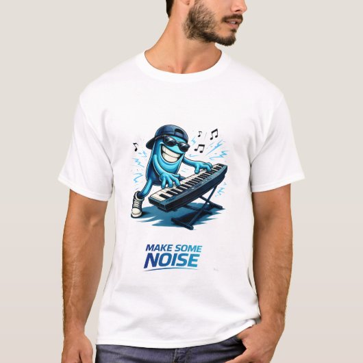 面白い青いキーボード奏者のキャラクター音楽 Tシャツ (正面)
