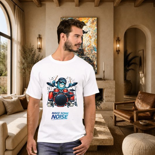面白い青いドラマーキャラクター音楽イラスト Tシャツ