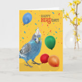 面白い青と白のセキセイインコの誕生日 カード (黄色い花)