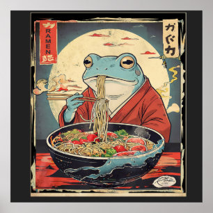 面白い食べ物好きのためのラーメンを食べる日本のカエル ポスター
