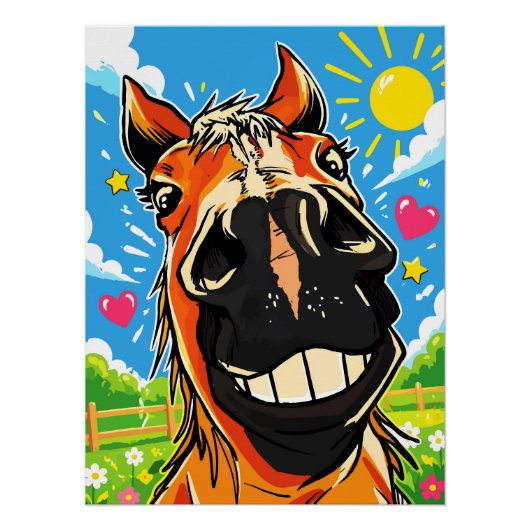 面白い馬の笑顔のキャラクター漫画アート ポスター (正面)