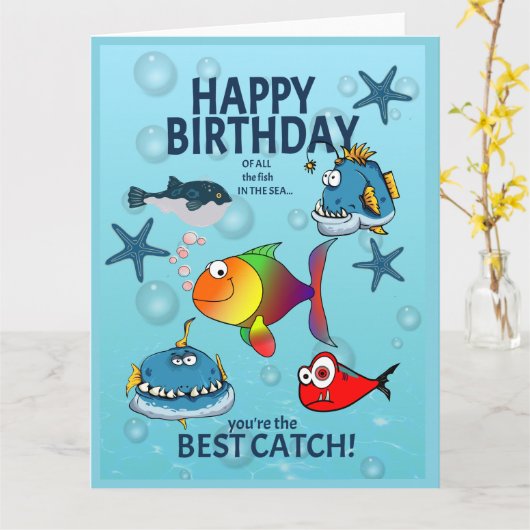 面白い魚の誕生日 カード (黄色い花)