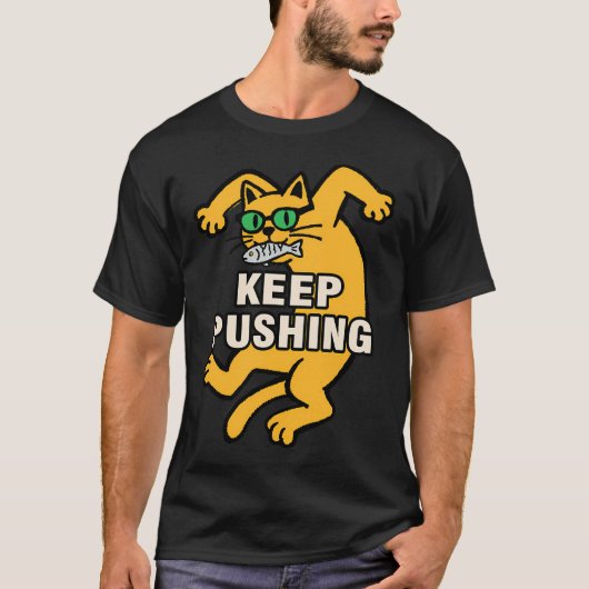 面白い黄色の猫 KEEP PUSHING Tシャツ (正面)