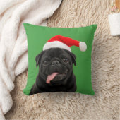 面白い黒いパグ サンタ帽子 ベロ出し クリスマス クッション (ブランケット)