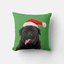 面白い黒いパグ サンタ帽子 ベロ出し クリスマス クッション
