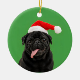 面白い黒パグサンタ帽子ベロ出しクリスマス セラミックオーナメント