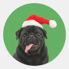面白い黒パグサンタ帽子ベロ出しクリスマス ラウンドシール