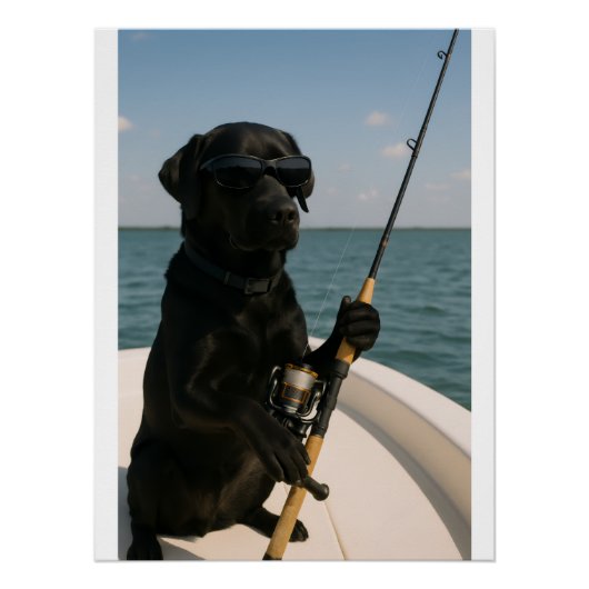 面白い黒ラブラドール犬の釣り ポスター (正面)