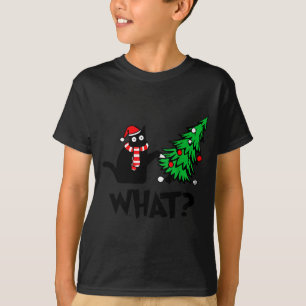 面白い黒猫がクリスマスツリーをひっくり返す猫のホワイト Tシャツ