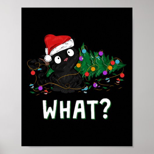 面白い黒猫がクリスマスツリーを倒すグラフィック ポスター (正面)