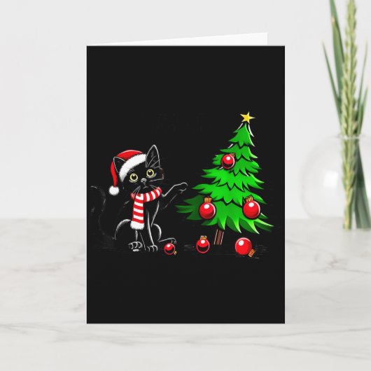 面白い黒猫がクリスマスツリーを倒す猫 ホワイト カード (正面)