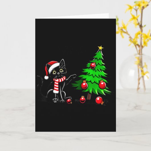 面白い黒猫がクリスマスツリーを倒す猫 ホワイト カード (黄色い花)