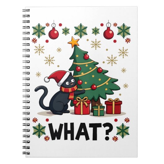 面白い黒猫がクリスマスツリーを押している ノートブック (正面)