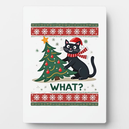 面白い黒猫がクリスマスツリーを押している フォトプラーク (正面)