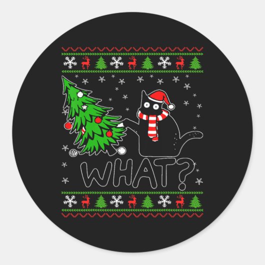 面白い黒猫がクリスマスツリーを押している ラウンドシール (正面)
