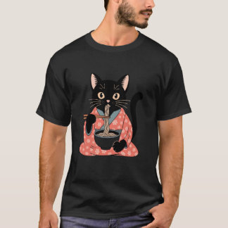 面白い黒猫がラーメンを食べるヴィンテージ日本人女性 Tシャツ