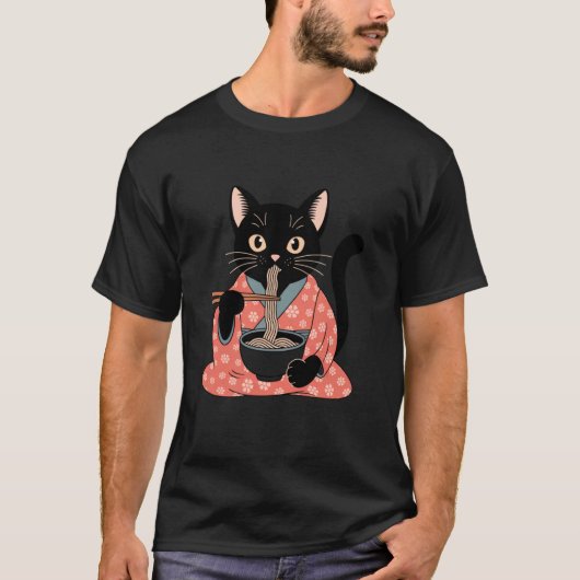 面白い黒猫がラーメンを食べるヴィンテージ日本人女性 Tシャツ (正面)