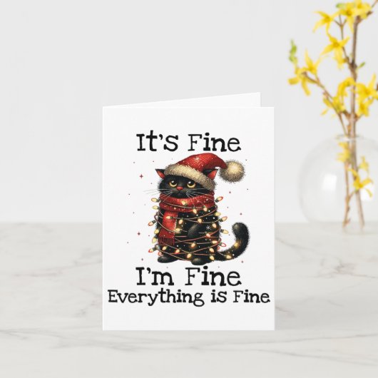 面白い黒猫だ、気にしてない、気にしてない、全ては問題ない カード (黄色い花)