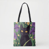 面白い黒猫と美しい花 トートバッグ (正面)