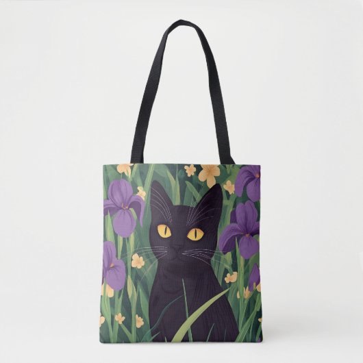 面白い黒猫と美しい花 トートバッグ (正面)