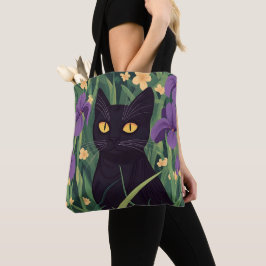 面白い黒猫と美しい花 トートバッグ