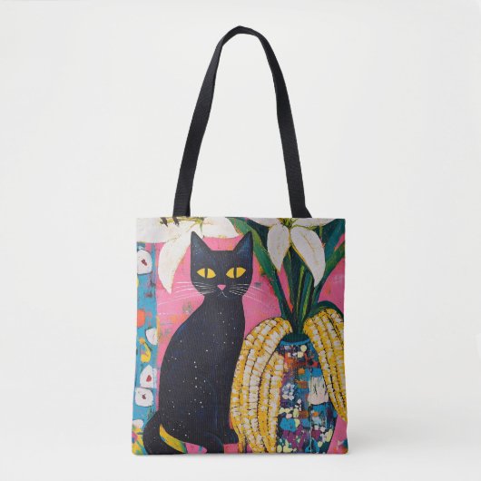 面白い黒猫と花瓶 トートバッグ (正面)