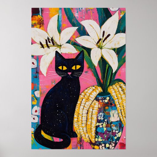 面白い黒猫と花瓶 ポスター (正面)