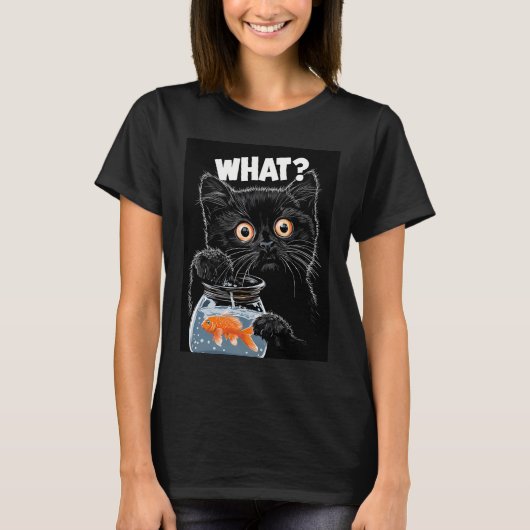 面白い黒猫と金魚 Tシャツ (正面)