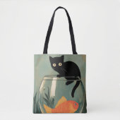 面白い黒猫と魚 トートバッグ (正面)