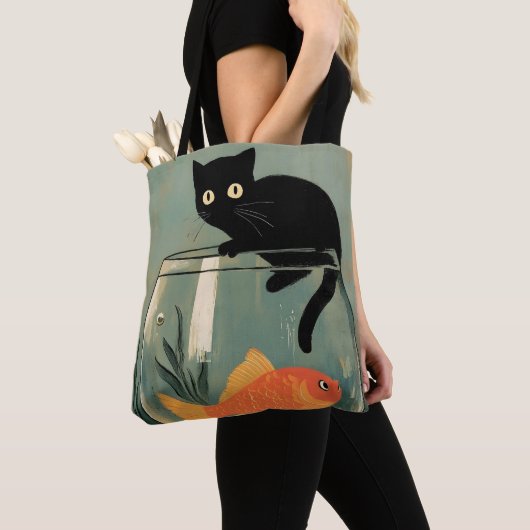 面白い黒猫と魚 トートバッグ (クローズアップ)