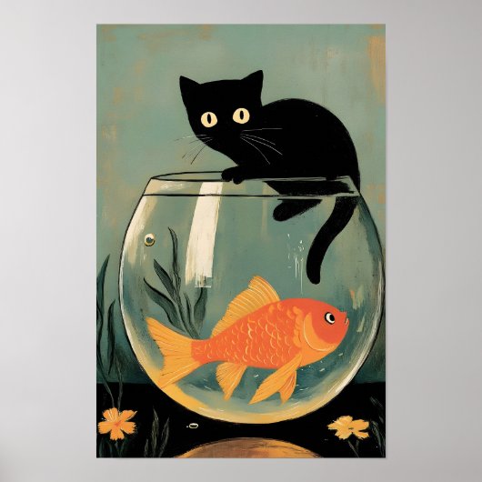 面白い黒猫と魚 ポスター (正面)