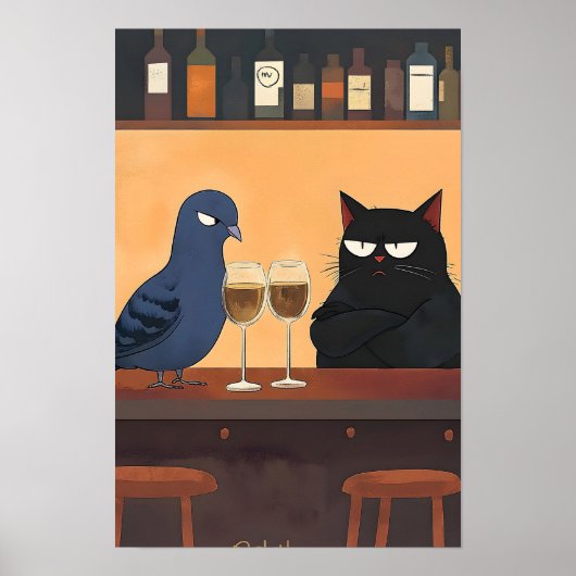 面白い黒猫と鳥 ポスター (正面)