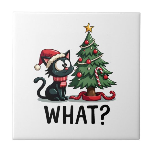 面白い黒猫のギフト クリスマスツリーを倒す猫 タイル (正面)