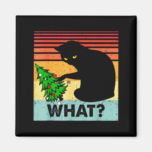 面白い黒猫のギフト クリスマスツリーを倒す猫 マグネット (正面)