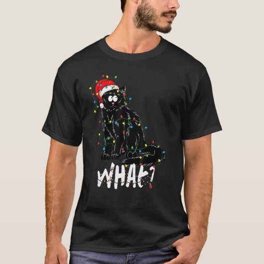面白い黒猫のギフト クリスマスツリーを倒す猫 C Tシャツ (正面)