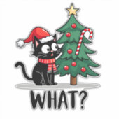面白い黒猫のギフト クリスマスツリーを押し倒す猫 シール (正面)