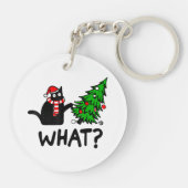 面白い黒猫のギフト クリスマスツリーを押し倒す C キーホルダー (裏面)