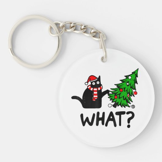 面白い黒猫のギフト クリスマスツリーを押し倒す C キーホルダー (正面)