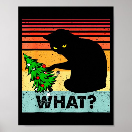 面白い黒猫のギフト クリスマスツリーを突き飛ばす猫 ポスター (正面)